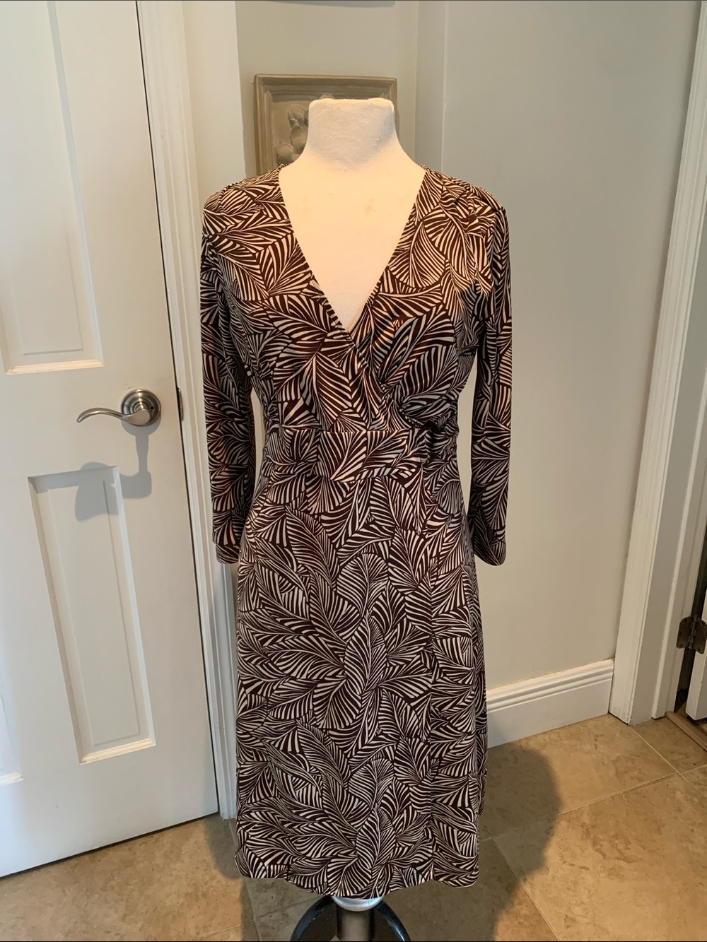 Sigrid Olsen Brown and Cream Leaf-Print Wrap Dress